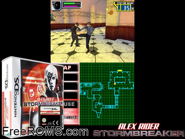 Alex Rider - Stormbreaker Europe NDS game showing 3D box cover and gameplay screenshot