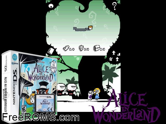 Alice in Wonderland NDS game showing 3D box cover and gameplay screenshot
