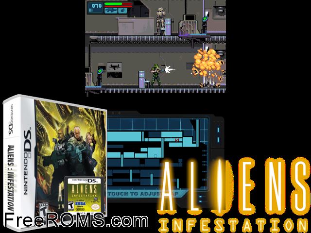 Aliens - Infestation NDS game showing 3D box cover and gameplay screenshot