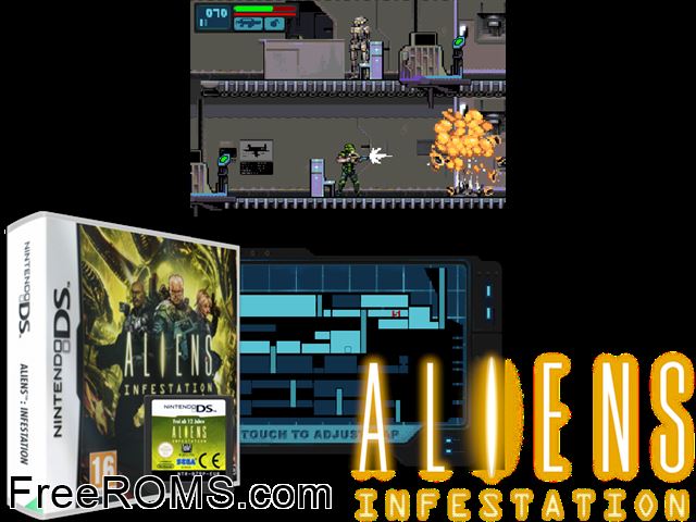 Aliens - Infestation Europe NDS game showing 3D box cover and gameplay screenshot