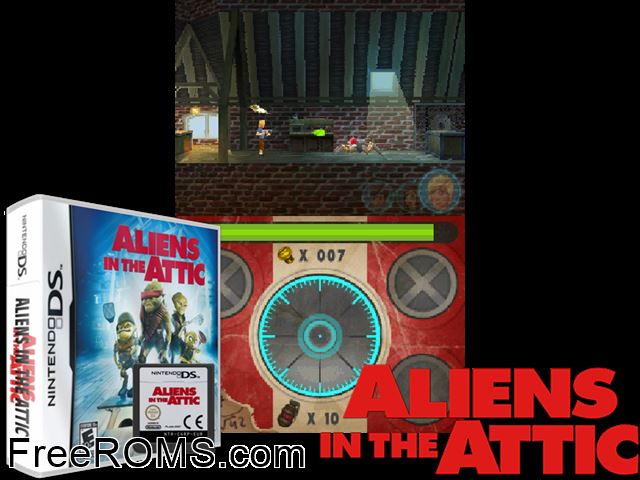 Aliens in the Attic Europe NDS game showing 3D box cover and gameplay screenshot