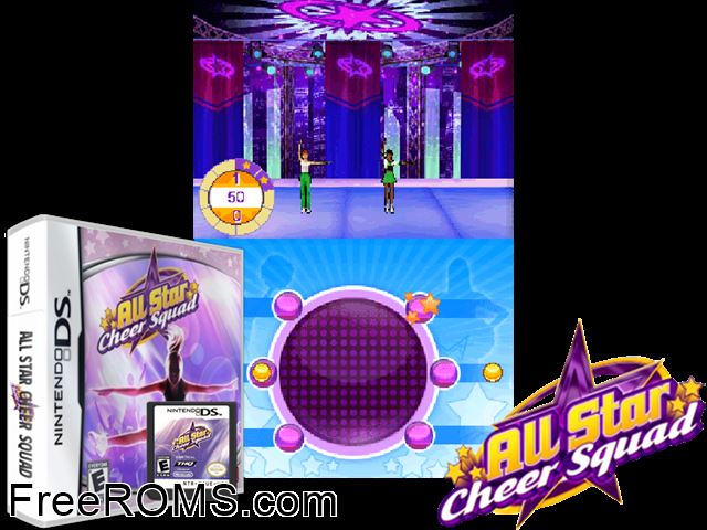 All Star Cheer Squad NDS game showing 3D box cover and gameplay screenshot