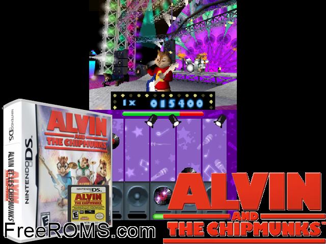 Alvin and the Chipmunks NDS game showing 3D box cover and gameplay screenshot