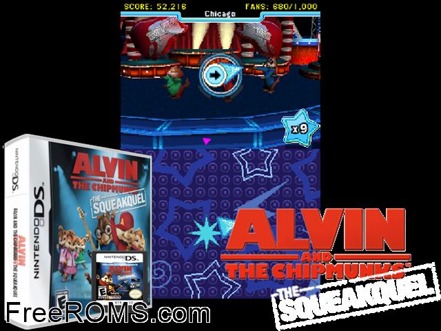 Alvin and the Chipmunks - The Squeakquel NDS game showing 3D box cover and gameplay screenshot