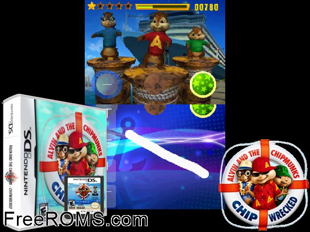 Alvin and the Chipmunks Chipwrecked Europe NDS game showing 3D box cover and gameplay screenshot