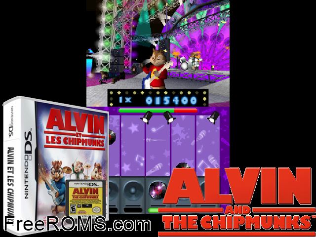 Alvin and the Chipmunks Europe NDS game showing 3D box cover and gameplay screenshot