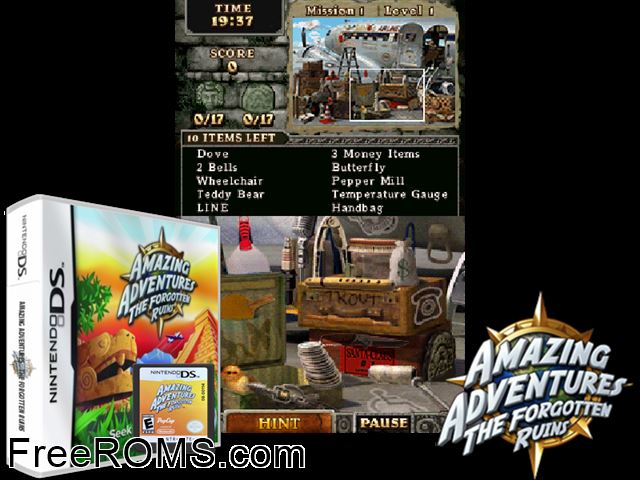 Amazing Adventures - The Forgotten Ruins NDS game showing 3D box cover and gameplay screenshot