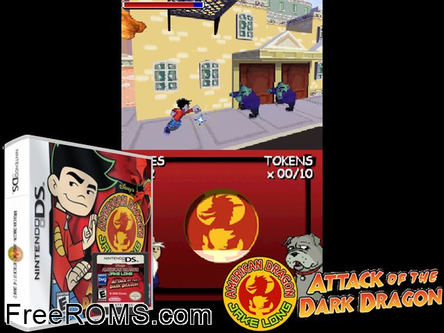 American Dragon Jake Long - Attack of the Dark Dragon NDS game showing 3D box cover and gameplay screenshot