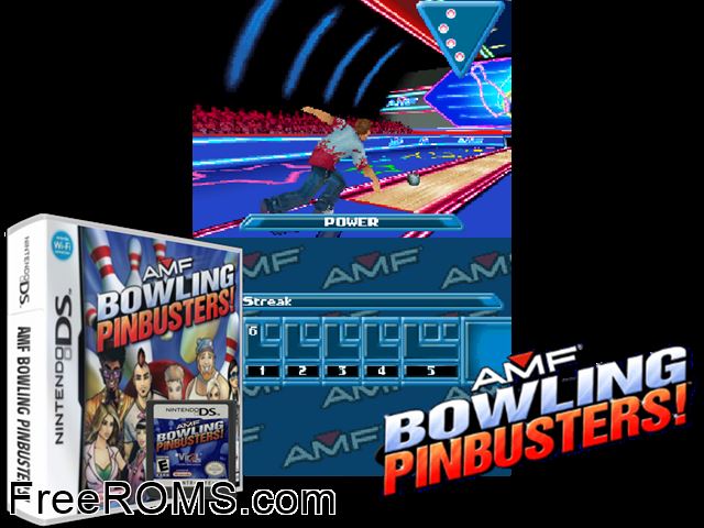 AMF - Bowling Pinbusters! Europe NDS game showing 3D box cover and gameplay screenshot