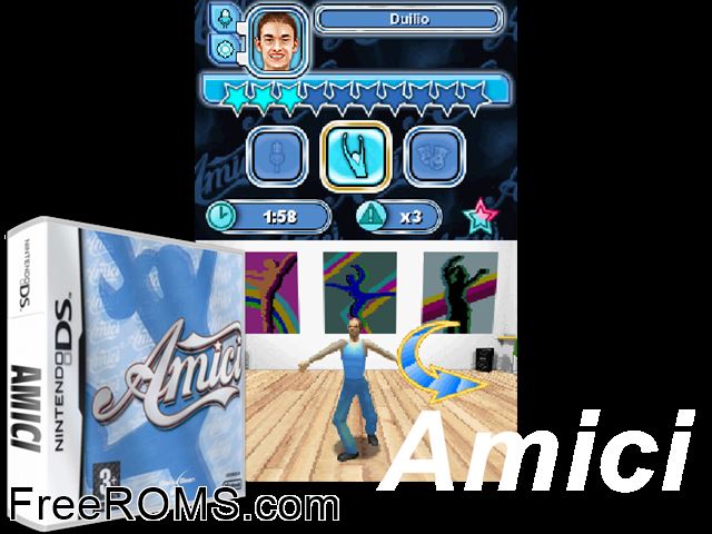Amici Italy NDS game showing 3D box cover and gameplay screenshot