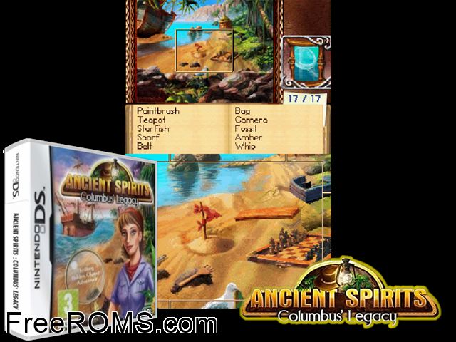 Ancient Spirits - Columbus Legacy Europe NDS game showing 3D box cover and gameplay screenshot