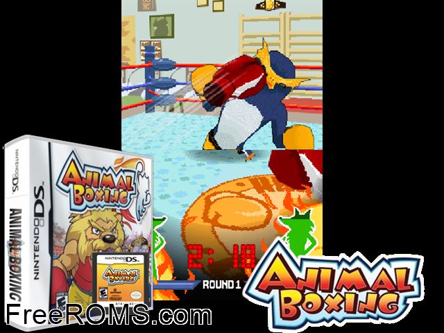 Animal Boxing NDS game showing 3D box cover and gameplay screenshot