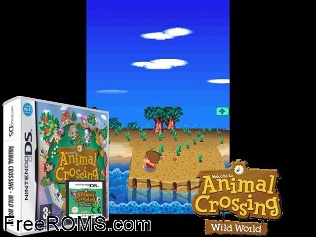 Animal Crossing Wild World NDS game showing 3D box cover and gameplay screenshot