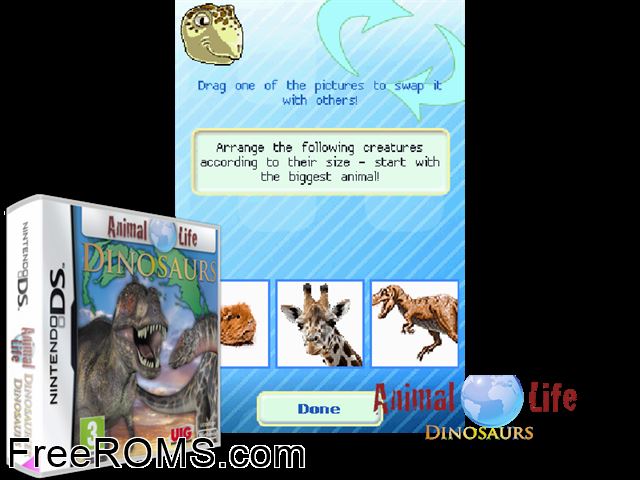 Animal Life - Dinosaurs NDS game showing 3D box cover and gameplay screenshot