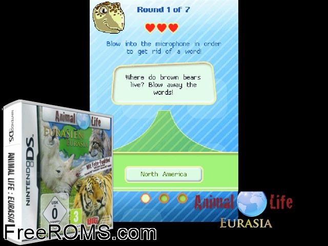 Animal Life - Eurasia NDS game showing 3D box cover and gameplay screenshot