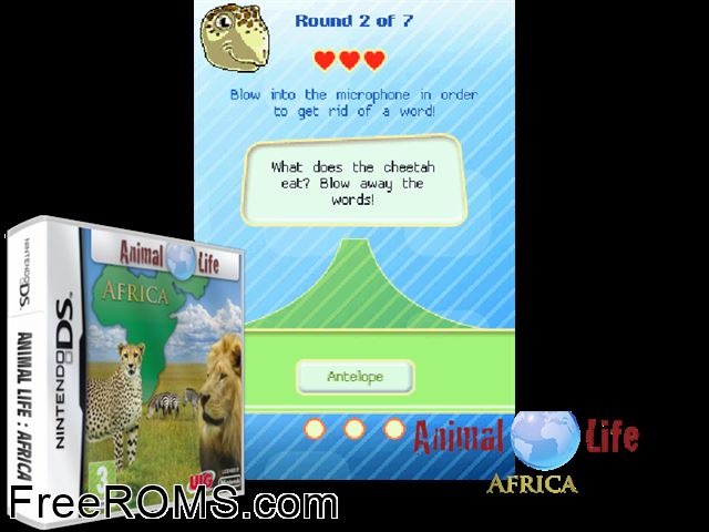 Animal Life Africa Europe NDS game showing 3D box cover and gameplay screenshot