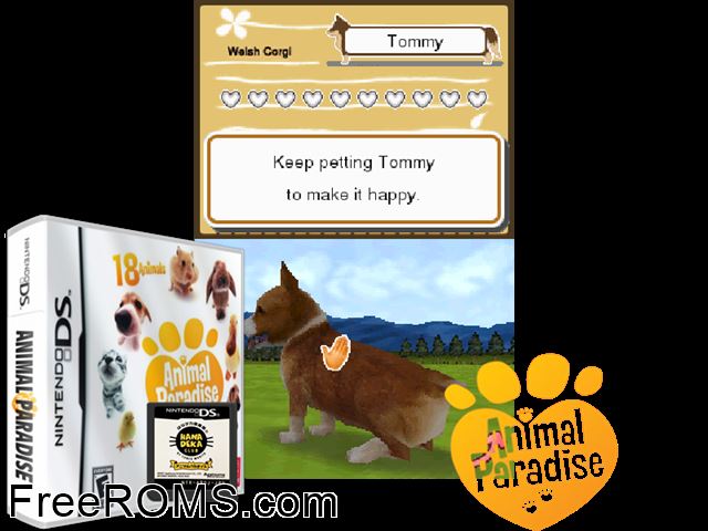 Animal Paradise NDS game showing 3D box cover and gameplay screenshot