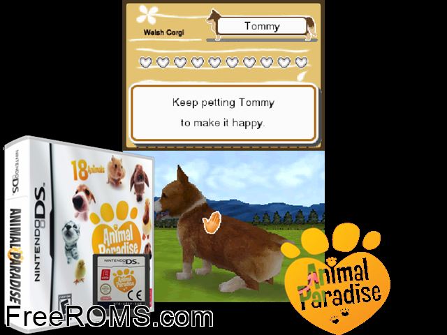 Animal Paradise Europe NDS game showing 3D box cover and gameplay screenshot