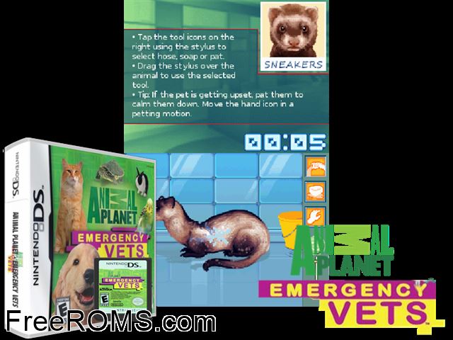 Animal Planet - Emergency Vets Europe NDS game showing 3D box cover and gameplay screenshot