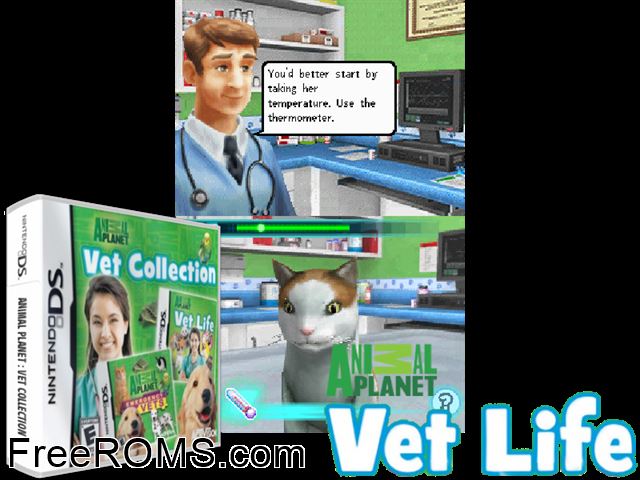 Animal Planet Vet Collection NDS game showing 3D box cover and gameplay screenshot