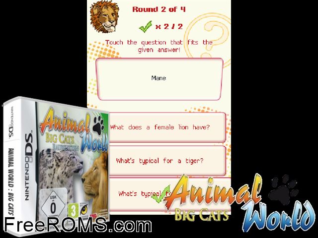 Animal World - Big Cats Europe NDS game showing 3D box cover and gameplay screenshot