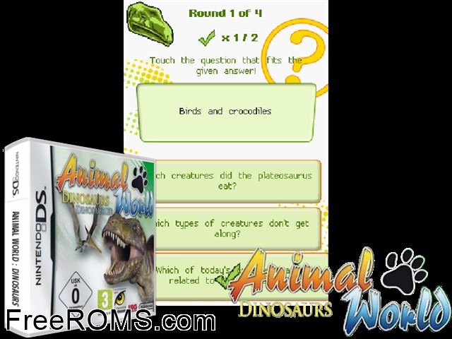 Animal World - Dinosaurs Europe NDS game showing 3D box cover and gameplay screenshot