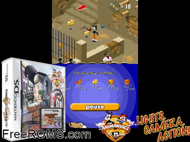 Animaniacs - Lights, Camera, Action! Europe NDS game showing 3D box cover and gameplay screenshot