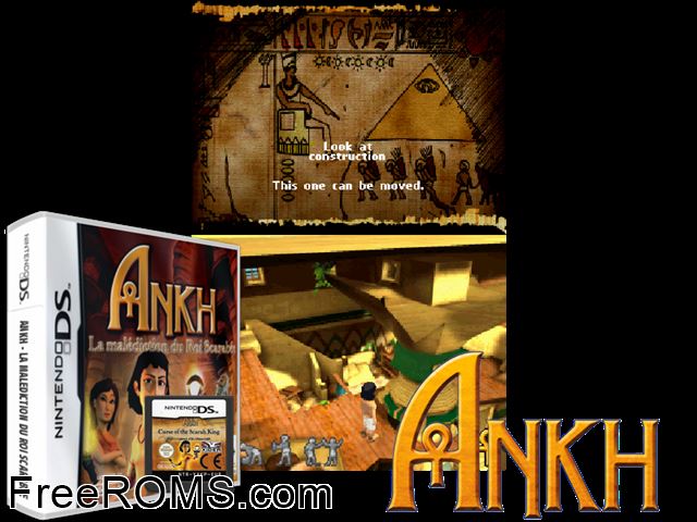 Ankh - La Malediction du Roi Scarabee France NDS game showing 3D box cover and gameplay screenshot