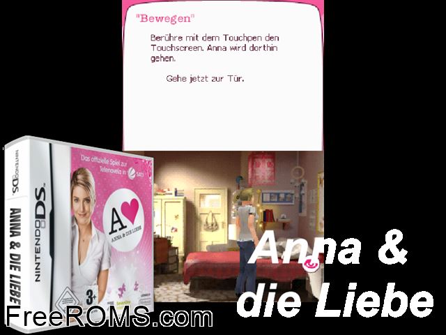 Anna and die Liebe Germany NDS game showing 3D box cover and gameplay screenshot