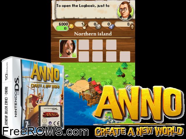 Anno - Create a New World Europe NDS game showing 3D box cover and gameplay screenshot