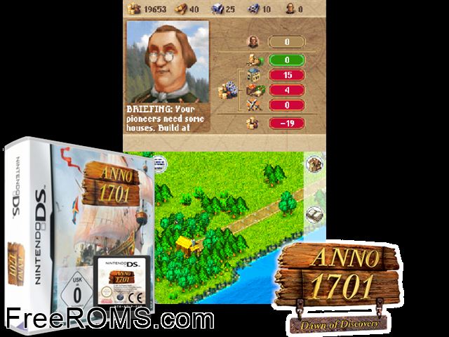 Anno 1701 - Dawn of Discovery NDS game showing 3D box cover and gameplay screenshot