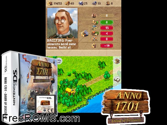 Anno 1701 - Dawn of Discovery Europe NDS game showing 3D box cover and gameplay screenshot