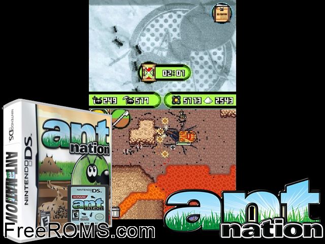 Ant Nation Europe NDS game showing 3D box cover and gameplay screenshot