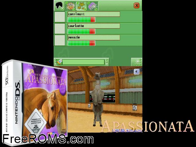 Apassionata Europe NDS game showing 3D box cover and gameplay screenshot