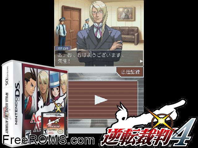Apollo Justice - Ace Attorney NDS game showing 3D box cover and gameplay screenshot