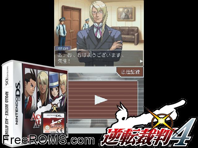 Apollo Justice - Ace Attorney Europe NDS game showing 3D box cover and gameplay screenshot