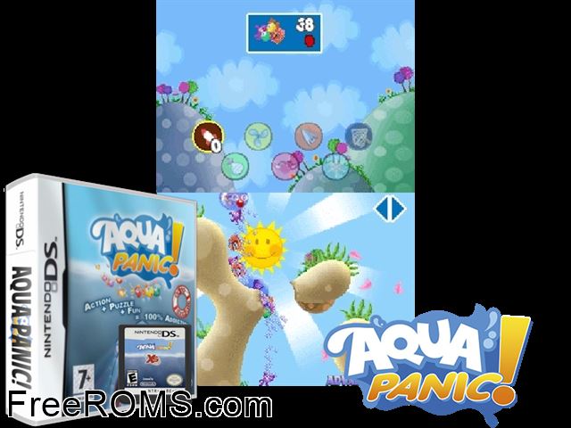 Aqua Panic! Europe NDS game showing 3D box cover and gameplay screenshot