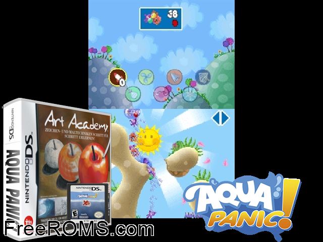 Aqua Panic NDS game showing 3D box cover and gameplay screenshot