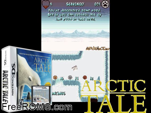 Arctic Tale Europe NDS game showing 3D box cover and gameplay screenshot