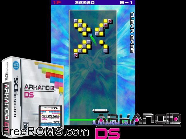 Arkanoid DS NDS game showing 3D box cover and gameplay screenshot