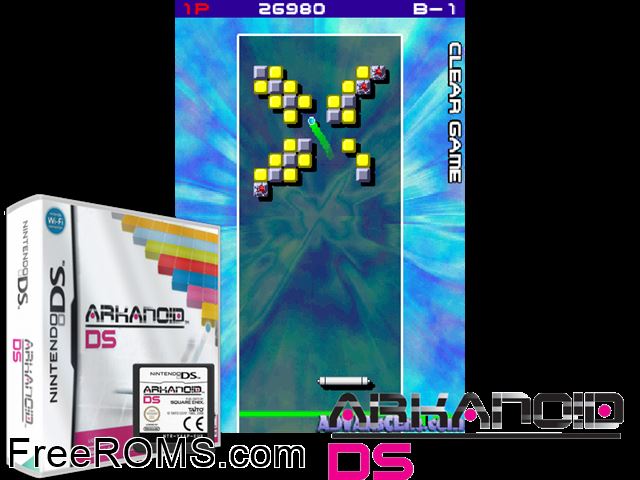 Arkanoid DS Europe NDS game showing 3D box cover and gameplay screenshot