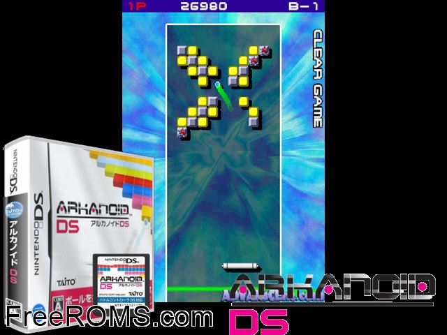 Arkanoid DS Japan NDS game showing 3D box cover and gameplay screenshot