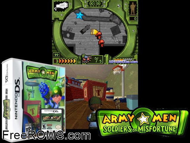 Army Men - Soldiers of Misfortune Europe NDS game showing 3D box cover and gameplay screenshot