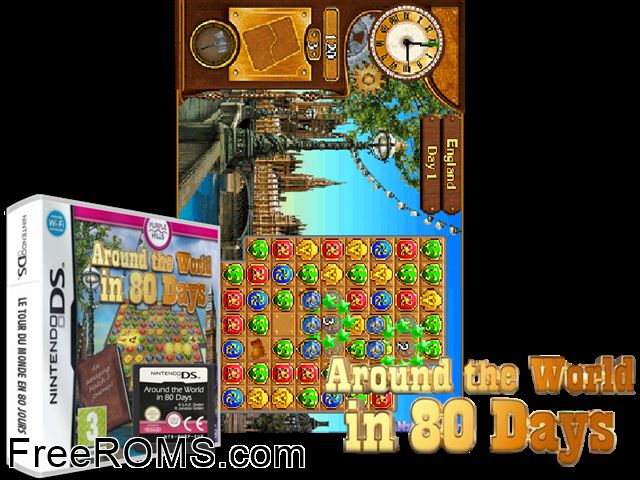 Around the World in 80 Days Europe NDS game showing 3D box cover and gameplay screenshot