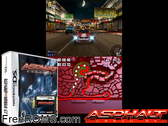 Asphalt - Urban GT NDS game showing 3D box cover and gameplay screenshot