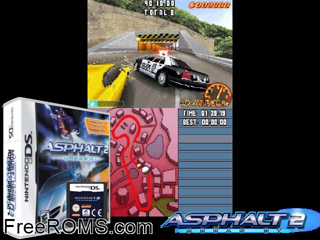 Asphalt - Urban GT 2 NDS game showing 3D box cover and gameplay screenshot