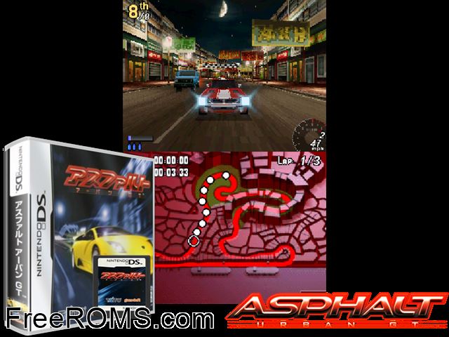 Asphalt - Urban GT Japan NDS game showing 3D box cover and gameplay screenshot