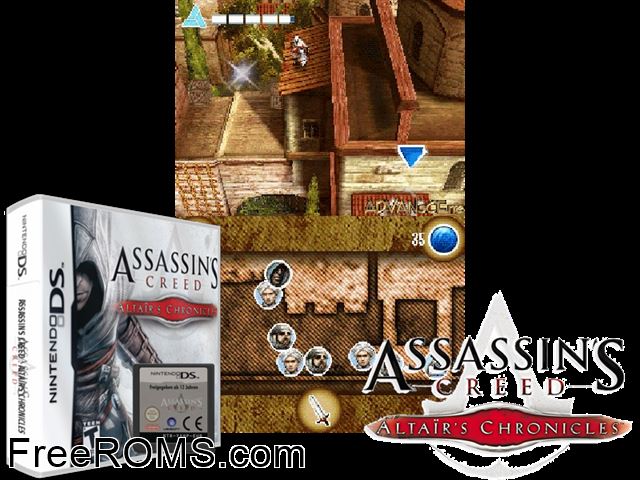 Assassins Creed - Altairs Chronicles NDS game showing 3D box cover and gameplay screenshot
