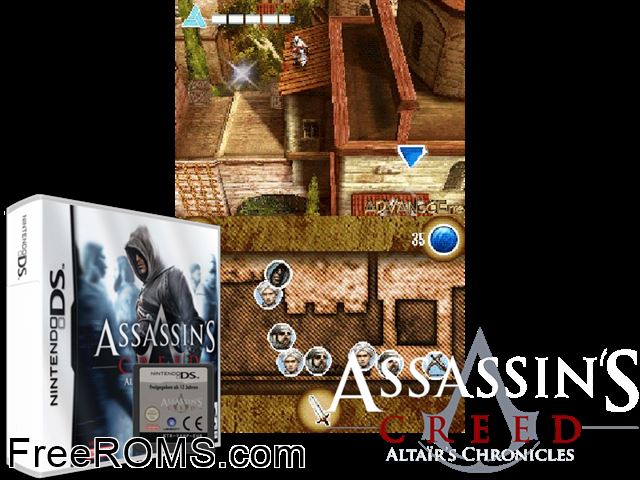 Assassins Creed - Altairs Chronicles Europe NDS game showing 3D box cover and gameplay screenshot