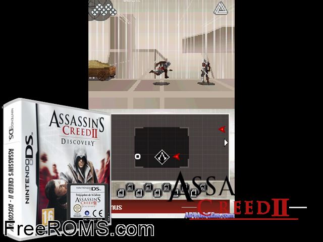 Assassins Creed II - Discovery Europe NDS game showing 3D box cover and gameplay screenshot
